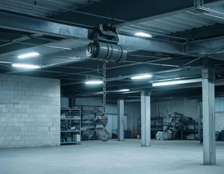Electric chain hoist on a beam in a US warehouse bay