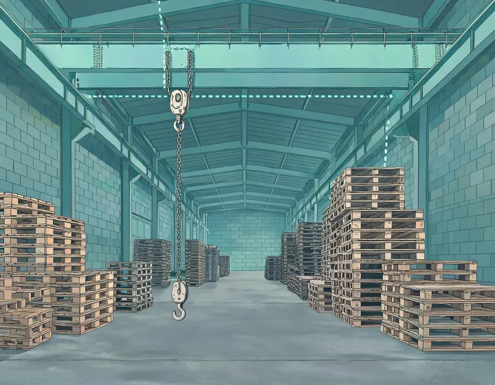 Overhead beam and hoist path in a warehouse aisle
