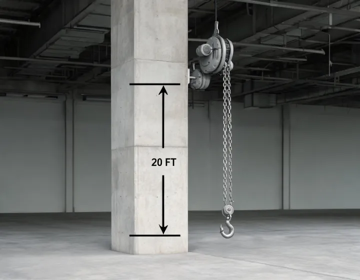 Chain hoist chain bag and hook measured against a tall lift